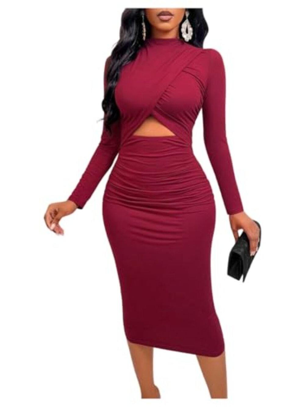 Women's Wrap Ruched Cut Out Midi Dress Long Sleeve Mock Neck Bodycon